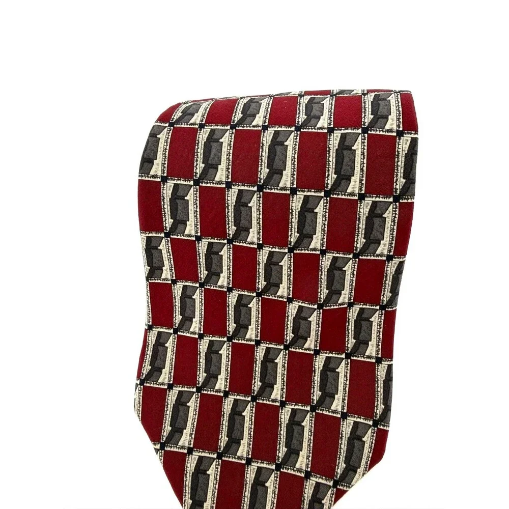 Kenneth Cole New York Silk Tie Burgundy Red Gray Geometric Abstract Vintage